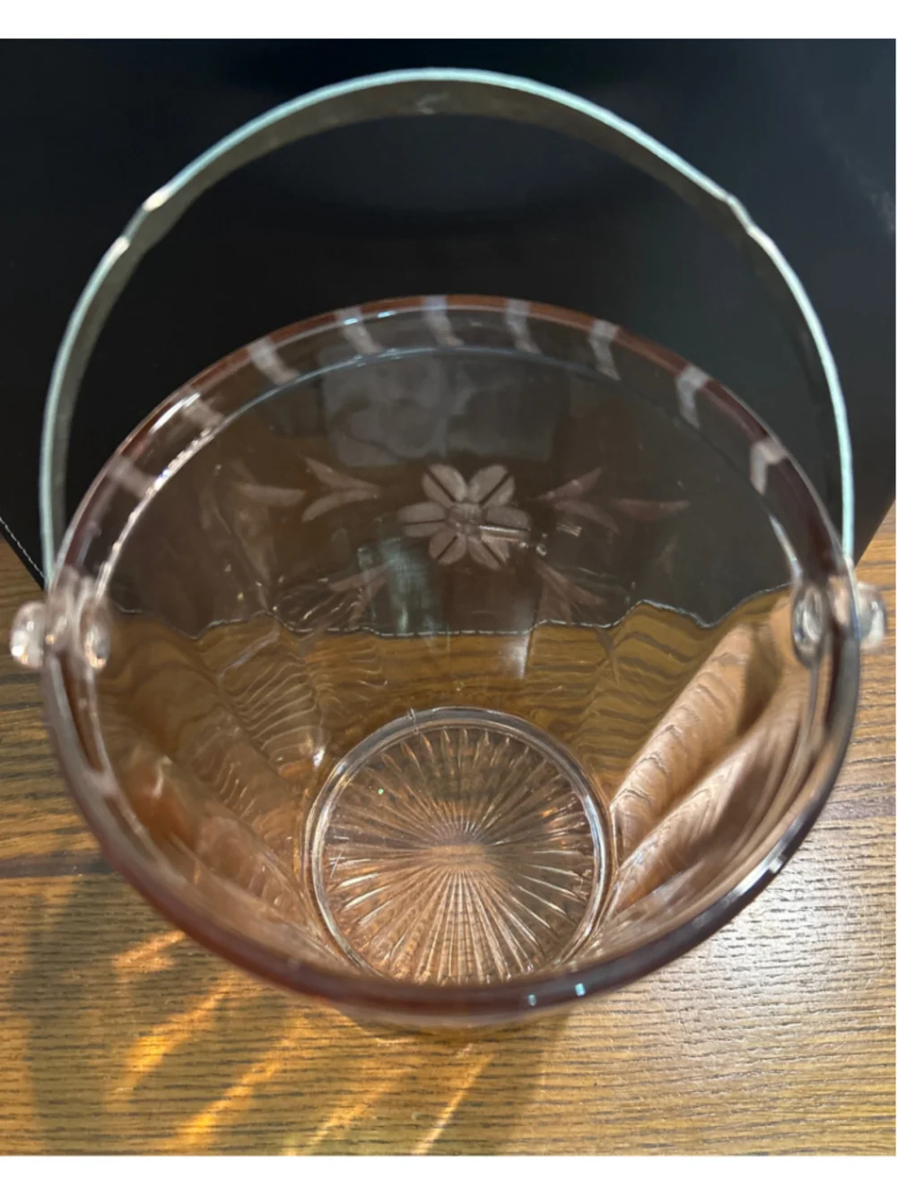 Vintage pink depression glass ice bucket W/Handle etched floral design